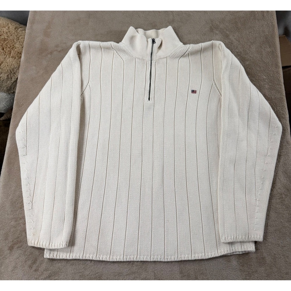 Vintage Polo Jeans Co. Ralph Lauren Men 2XL cream heavy knit‎ Ribbed 1/4 Zip EUC